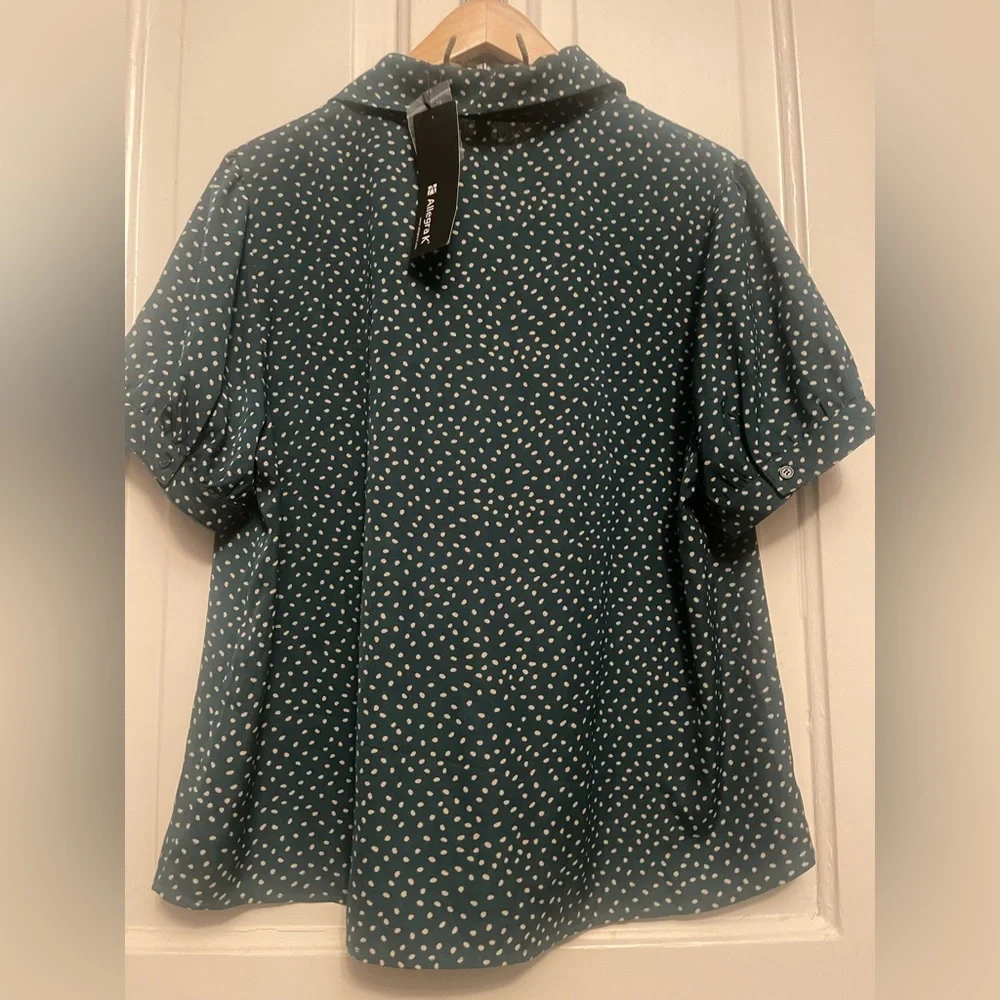NWT Allegra K Teal and White Polka Dot Blouse - Picture 9 of 14